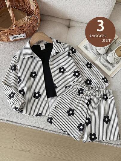 Conjunto de 3 piezas para niña bebé: camisa holgada casual tejida con lunares + top de tirantes de punto de color liso + pantalones cortos con lunares