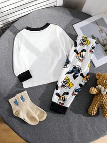 SHEIN 男嬰卡通小狗印花拼色羅紋圓領長袖T恤與長褲休閒運動親子套裝 春秋白色 - 彩色 - 查看 3