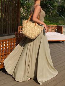 DAZY Women's Solid Color Loose A-Line Skirt, Elegant Resort Wear, Spring/Autumn - Apricot - View 1