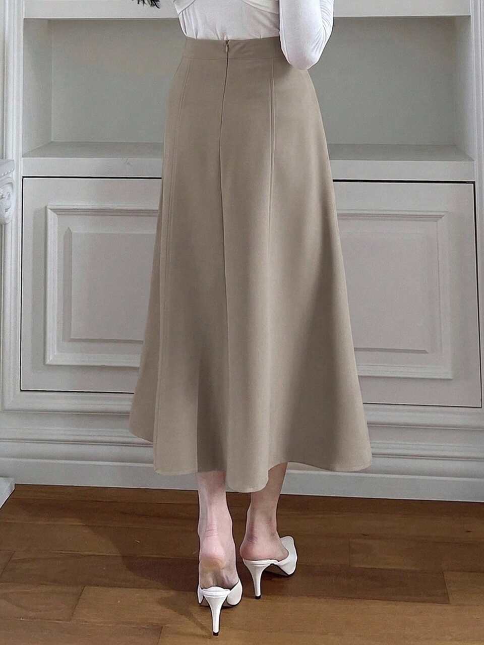 Solid Color Long A-Line Skirt With Zipper Elegant Women's Skirt Fall