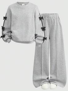 SHEIN Girlism 青少年女孩秋冬時尚灰黑蝴蝶結裝飾圓領長袖上衣與寬腿長褲運動衫套裝，返校季 - 灰色 - 查看 6