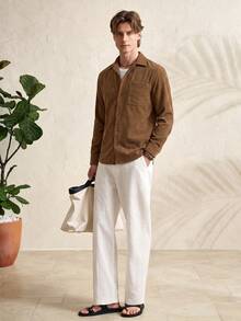 TONEVAULT Men's Fashion Versatile Pocket Single-Breasted Long Sleeve Shirt - Coffee Brown - View 5