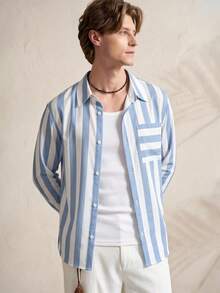 TONEVAULT Men's Casual Striped Long Sleeve Shirt - Blue and White - View 1