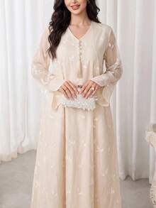Al Najma Women's Elegant Embroidered Arabian Dress - Apricot - View 5