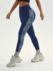 SHEIN Sports Women's High Waist Colorblock Casual Daily Sports Tight Leggings - Navy Blue - View 6