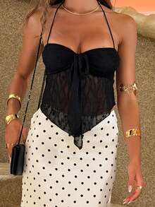 Sindi Myftari Women's Summer Contrast Lace Bow Front Halter Neck Black Top Y2K  Casual - Black - View 5