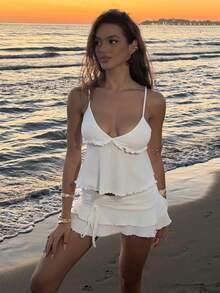 Sindi Myftari Women's Sexy & Sweet Drawstring Cake Pleated Skirt & Camisole 2 Pieces Set White Ruffle Set Elegant Summer - White - View 1