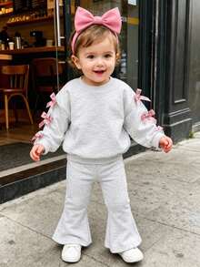 SHEIN Playful Pals 2pcs Baby Girl Cute Y2K Pink Bow Knot Long Sleeve Soft Thick Hoodies Sweatpants 2 Pieces Sets Clothes Back To School Fall Squishy Tops - Light Grey - View 10