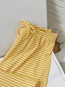 Pantalones largos casuales de uso diario para adolescentes con rayas, bloques de color y cintura con cordón - Amarillo - Ver 3