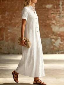 SHEIN Holidaya Stand Collar Sleeveless Front Toggle Buttons Side Pocket Maxi Dress, Solid Loose Long Dress For Resort Daily Casual Going Out Cotton Dress - White - View 6