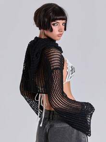 ACID BLVD Women's Y2K Versatile Mesh Hollow Long Sleeve Hooded Sweater - Black - View 6