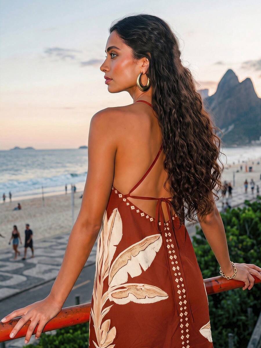 CAJUNI Chic Vacation Retro Resort Golden Palm Tree Mini Dress. - Red - View 1
