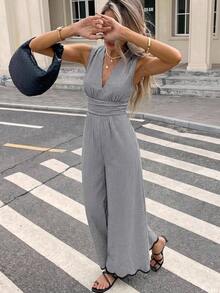 Serisse Women's Deep V-Neck Plaid Casual Daily Wear Jumpsuit Wide Leg Pants - Black - View 5