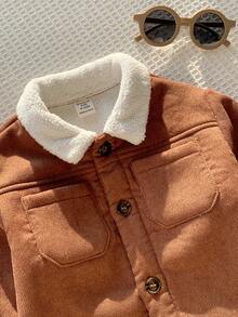Baby Boy Thermal Lined Thick Collar Long Sleeve Open Front Winter Jacket, Versatile And Comfortable - Brown - View 3