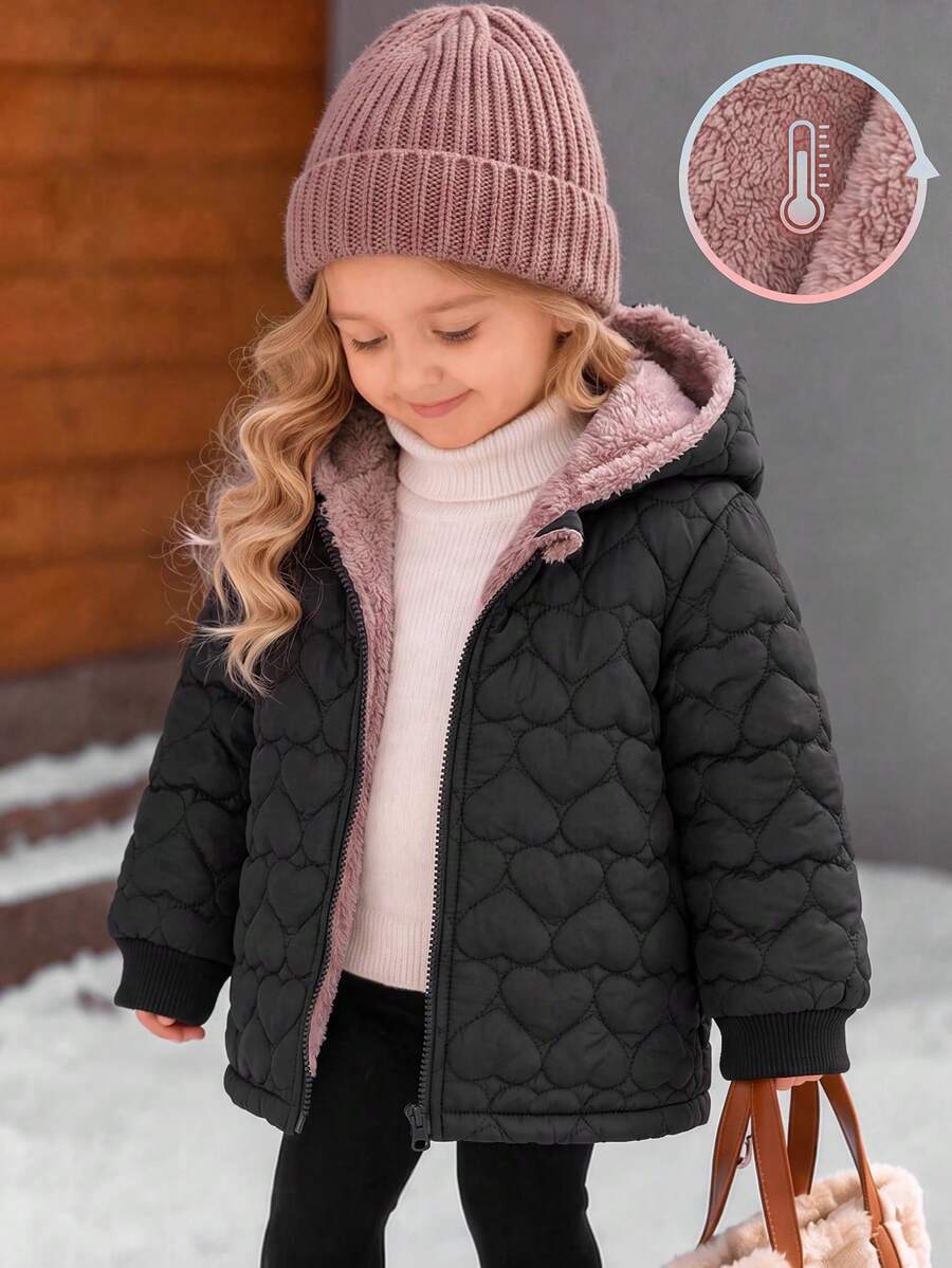 SHEIN Baby Girl Autumn/Winter Cute Black Heart Pattern Thermal Lined Hooded Jacket And Pants Set - Black - View 1