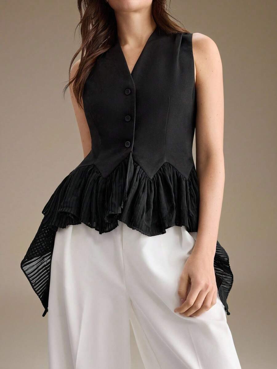 Ontre 2026 New All Season Minimalist Fashion Elegant Commute Casual Sleeveless V-Neck Cinched Waist Ruffle Trim Patchwork Button Blazer Jacket Versatile Slimming Heightening Elegant Daily Wear Commute Wear Office Wear Date Wear Fashion Wear Streetwear