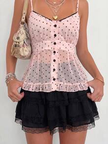 Sundraya Conjunto Feminino 2 Peças Regata Aberta com Poá Rosa & Saia Preta - Multicolorido - Visão 1