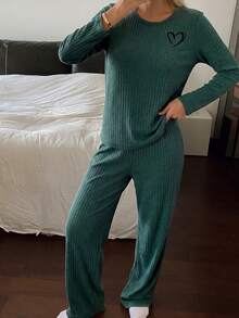 Women Cotton Heart Embroidery Detail Long Slseve Shirts&Pants Homewear Pajama Lounge Set - Green - View 5