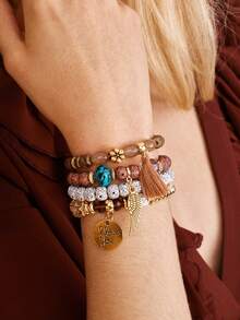 Nocturel 4pcs/Set Tassel Wing Beaded Bracelet (Wooden Pieces Unspecified) - Multicolor - View 3