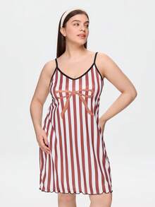 Bonmuse Plus Size Women's Nightgown, Sweet Pink Bow Print, Spaghetti Strap Short Dress, Casual Loose Comfortable, Suitable For Summer - Mocha Brown - View 7