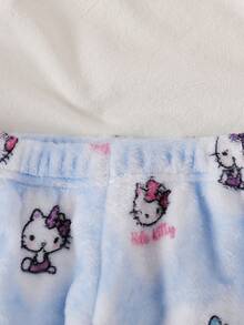 HELLO KITTY AND FRIENDS | SHEIN 聯名款少女秋冬新款可愛印花舒適保暖柔軟雙面法蘭絨開襟翻領長袖褲子2件式居家服套裝1套 - 藍色 - 查看 6