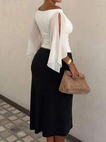SHEIN Tall CURVE Plus Size Elegant Commuter Solid Color Split Hem Shirt - White - View 7