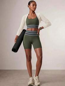 Zivah Women's Striped Cross Back Crop Tank Shorts 2 Pieces Workout Set Gym Athletic Outfit All Season - Army Green - View 8