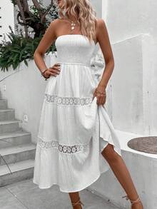 Breezaya Guipure Lace Insert Tube A-Line Dress Vacation Beach Outfits Women - White - View 5