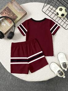 Outfit Casual Minimalist Elegant Horse Logo Contrast Color Striped Print Crew Neck T-Shirt With Matching Contrast Color Striped Print Shorts Suitable - Multicolor - View 2