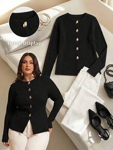 SHEIN BAE 大码女式纯色金属单排扣长袖休闲上衣 - 黑色 - 查看 7