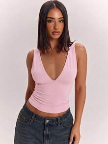 SHEIN BAE Solid Color V-Neck Slim Fit Women's Tank Top, Versatile All-Match Style, Wardrobe Essential, Suitable For Office, All Seasons Wear, Brown Top, Casual Top - Coral Pink - View 1