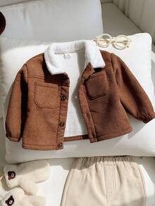 Baby Boy Thermal Lined Thick Collar Long Sleeve Open Front Winter Jacket, Versatile And Comfortable - Brown - View 4