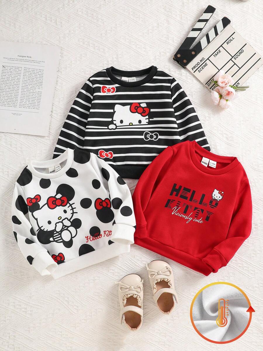 HELLO KITTY AND FRIENDS | SHEIN 3件組 女嬰主題印花長袖圓領抓絨運動衫,休閒日常穿著,適合秋冬 - 彩色 - 查看 1