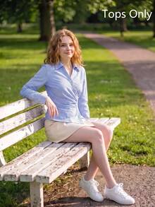 SHEIN MOD Women's Blue & White Striped Collared Long Sleeve Shirt, Business Casual Style, 90s Vintage Style, Autumn Clothing, Back To School Season, Women's Shirt, Outing Top, Long Sleeve Shirt, Valentine's Day Work Blouse - Blue and White - View 5