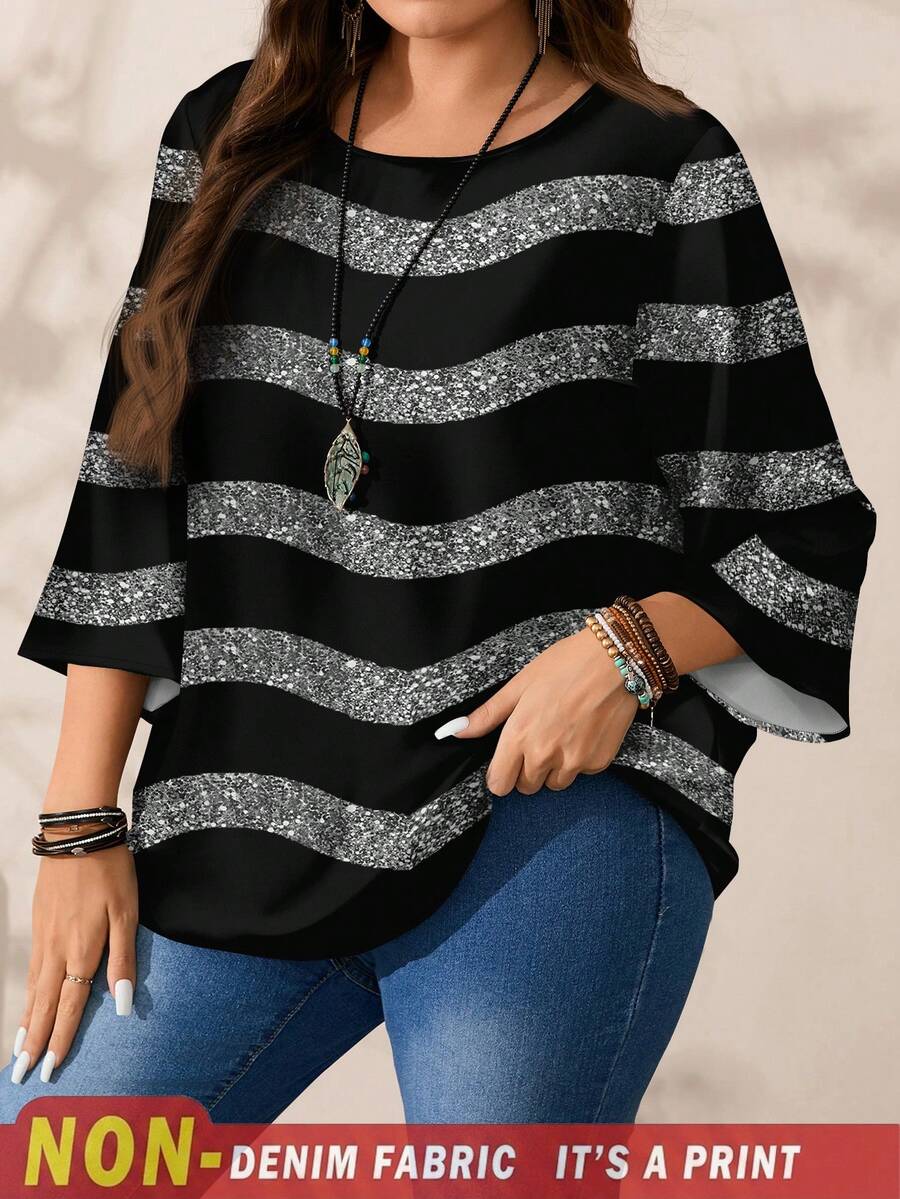 EMERY ROSE Plus Size Women Black Striped Autumn Shirt, Smart Casual Normal All-Over Print Round Neck Loose 3/4 Sleeve Tops, Night Out Club Flower Summer - Multicolor - View 1