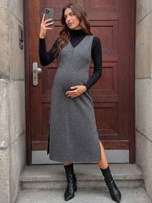 SHEIN Gaun Tanpa Lengan Hamil Warna Polos Leher V dengan Belahan Samping di Bagian Bawah - Dark Grey - View 1