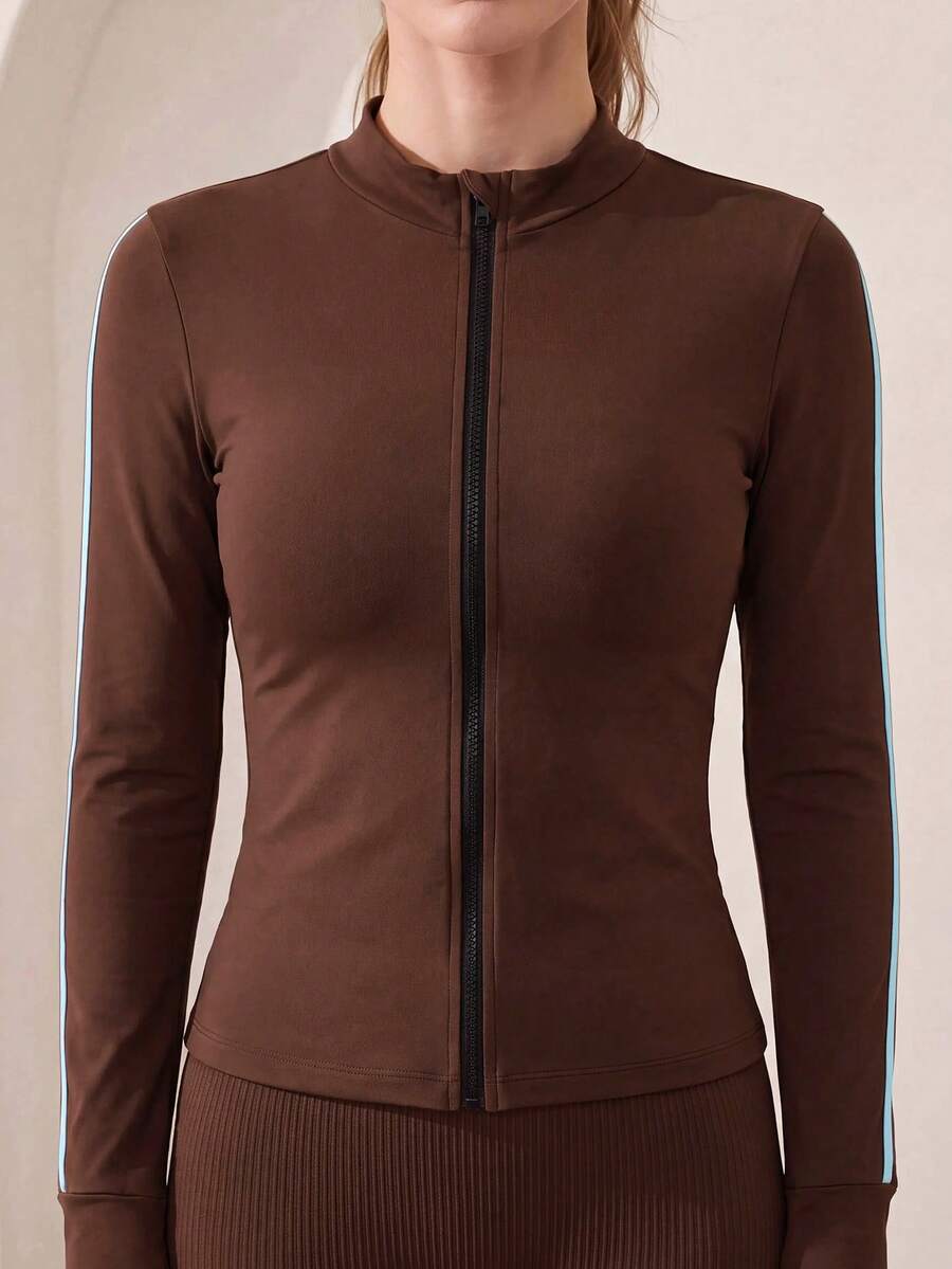 Easithlete Contrast Color Striped Slim Fit Sports Jacket - Coffee Brown - View 1