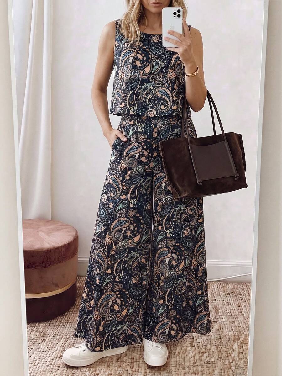 SHEIN 度假休閒佩斯利印花背心上衣與長褲兩件套 - 彩色 - 查看 1
