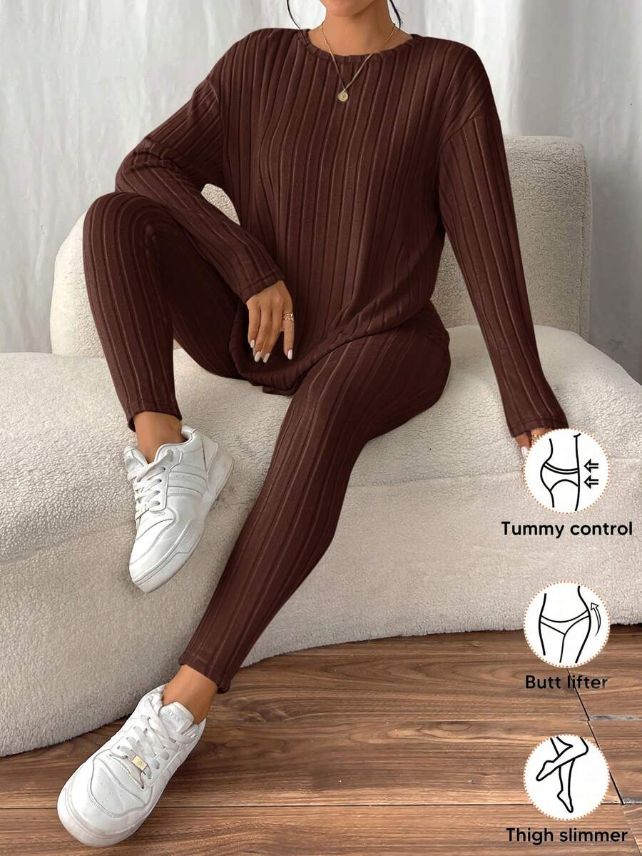 SHEIN Frenchy Drop Shoulder Ribbed Knit Tee & Leggings Textured Fabric Two Pieces - Coffee Brown - View 1