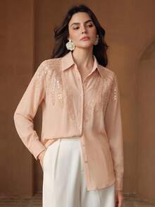Anewsta New Elegant Heavy Embellished Studded Lace Trim Design Lapel Loose Fit Commuter Women's Blouse - Pink - View 6