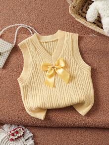 SHEIN Young Girl 3D Bow Decor Twisted Knit Vest - Yellow - View 1