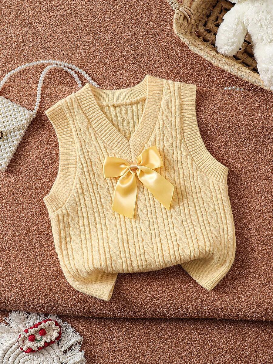 SHEIN Young Girl 3D Bow Decor Twisted Knit Vest - Yellow - View 1