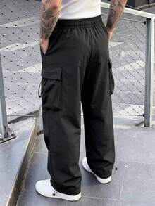 Manfinity CasualCool 男士黑色長褲，彈性腰多口袋工裝褲，寬鬆休閒時尚百搭直筒褲，可調節束口褲腳 - 黑色 - 查看 2
