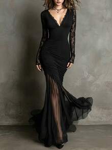 SHEIN Latest Women's Lace Mesh Patchwork Deep V-Neck Mermaid Dress, Made Of High Elasticity Slimming Fabric, V-Neck And Long Sleeves With Exquisite Lace Patchwork, Side Waist Ruched Design To Outline Body Curves, Hemline With See-Through Mesh Patchwork For Mermaid Effect, Creates A Sophisticated Atmosphere, Suitable For Dates, Parties, Evening Events And More - Black - View 1