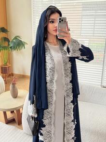 Al Najma 女款優雅日常蕾絲拼接寬鬆顯瘦刺繡穆斯林時尚拼接長袍 - 藏蓝色 - 查看 6