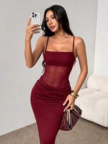 SHEIN PETITE 女款網紗拼接百褶優雅收腰派對晚宴長版細肩帶洋裝 - 酒紅色 - 查看 4