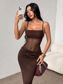 SHEIN PETITE 女款網紗拼接百褶收腰優雅派對細肩帶長洋裝 - 棕色 - 查看 4