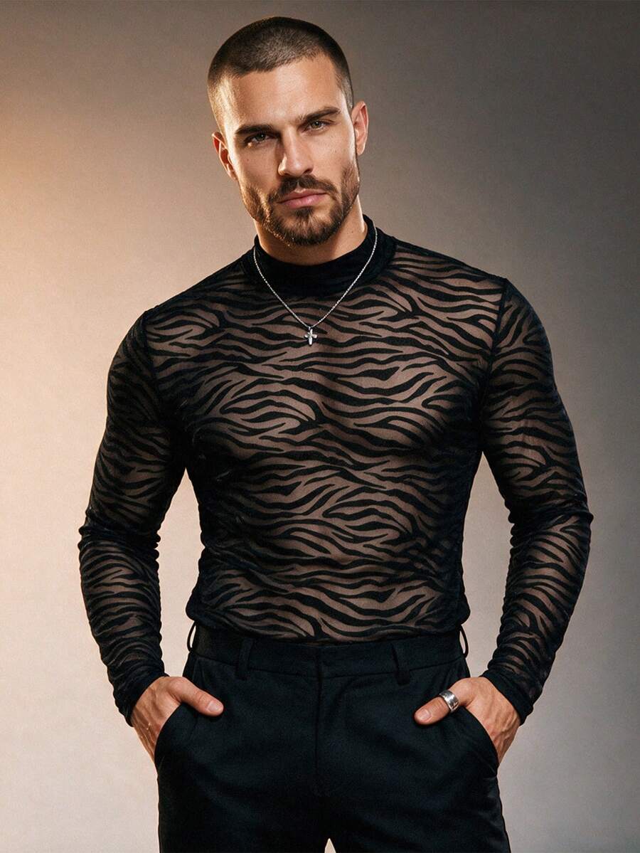 ZURIURI Men's Semi-Sheer Casual Long Sleeve T-Shirt - Black - View 1