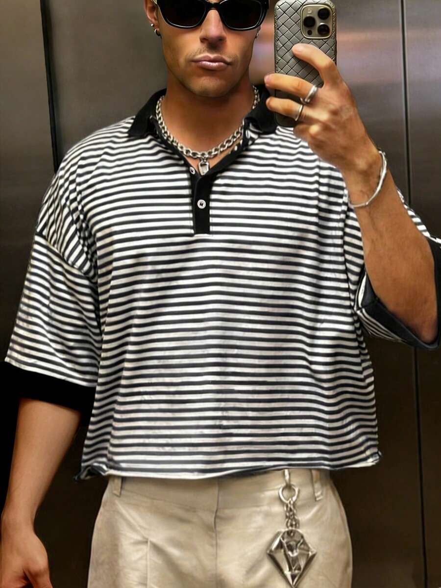 Manfinity Dauomo 男士条纹休闲百搭日常穿着T恤 - 黑與白 - 查看 1