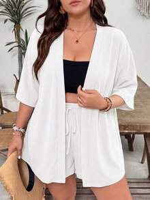 SHEIN VCAY Plus Size Women Solid Color Mid-Sleeve Top And Shorts Casual Daily 2 Pieces Set - White - View 1